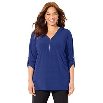 Catherines Women's Plus Size Dream Drape Zip V-Neck Top