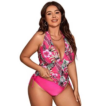 Women Two Piece Plus Size Swimsuit Tummy Control Bathing Suits Halter V Neck Drawstring Swimwear