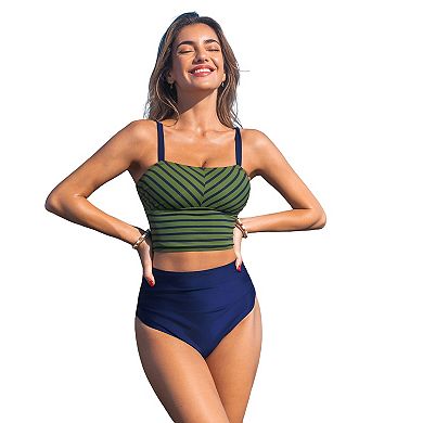 Women's Cupshe Striped Squareneck Tankini Swim Top & High-Rise Bottoms Set