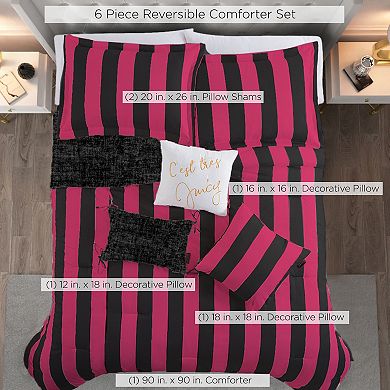 Juicy Couture Reversible Cabana Stripe 6-piece Comforter Set with Coordinating Throw Pillows