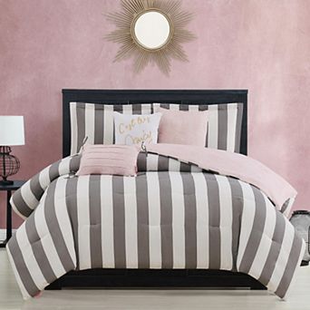 Juicy Couture Reversible Cabana Stripe Comforter Set with Coordinating Throw Pillows