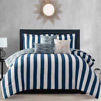 Juicy Couture Reversible Cabana Stripe Comforter Set with Coordinating Throw Pillows