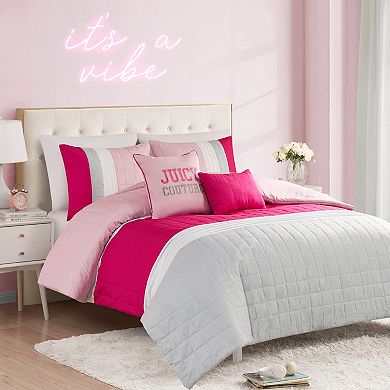 Juicy Couture Color Blocked Pieced Comforter Set with Shams & Coordinating Throw Pillows
