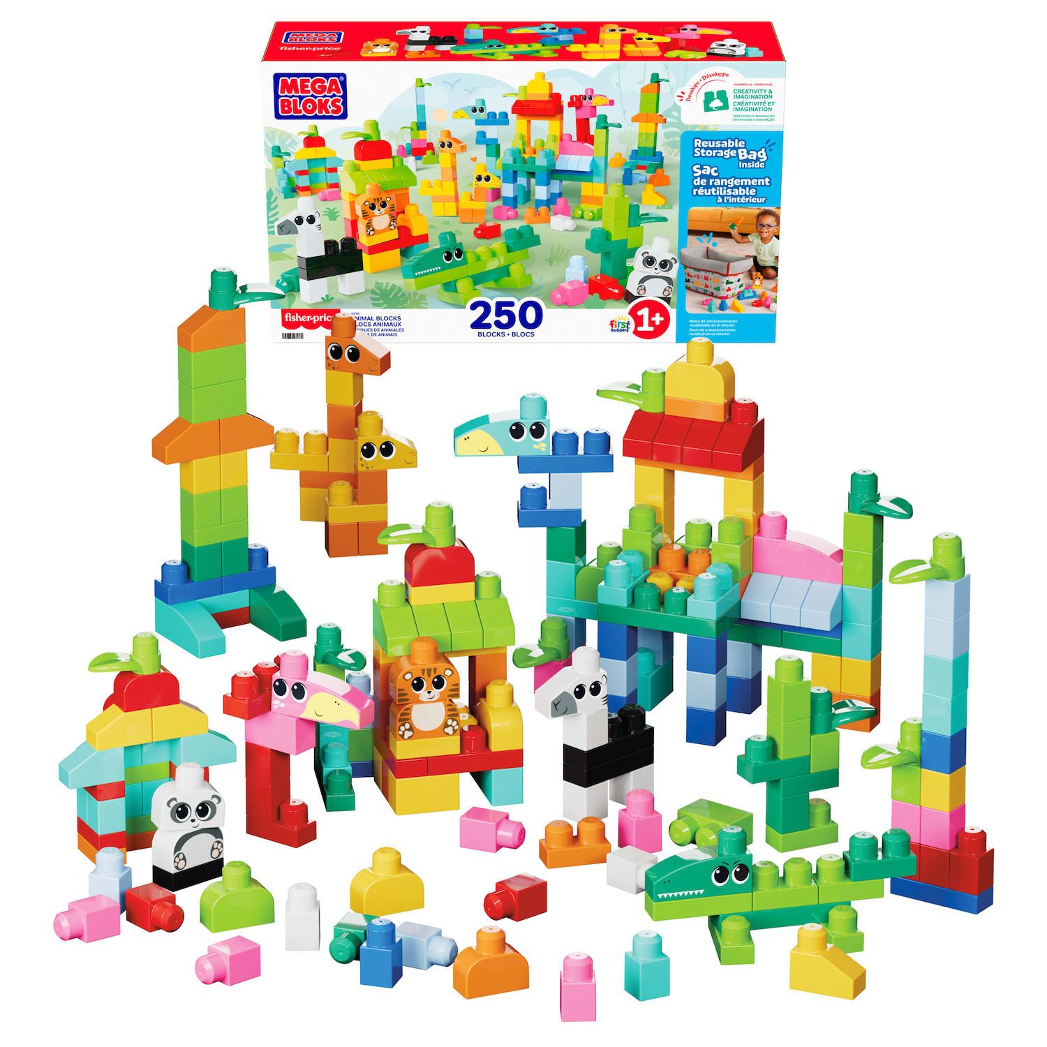 Детские конструкторы Mega Bloks 250 pc Fisher-Price Animal Blocks Building Toy with Storage