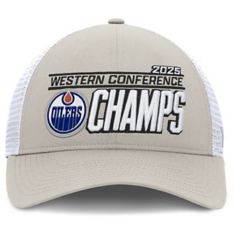 Men's Fanatics Edmonton Oilers 2025 Western Conference Champions Locker Room Trucker Adjustable Hat