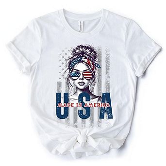 America Messy Bun T-Shirt, Retro 4th of July White Patriotic Tee
