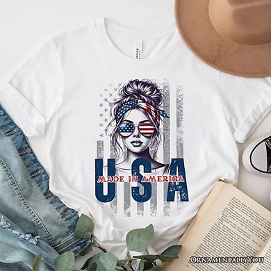 America Messy Bun T-Shirt, Retro 4th of July White Patriotic Tee