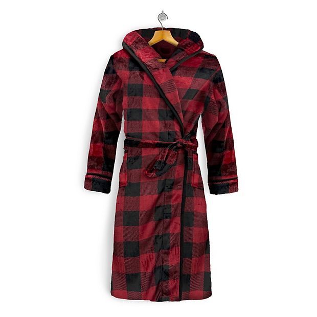 Women Hooded Velvet Fleece Long Bathrobe Buffalo Black/Burgundy / Large