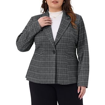 Women's Plus Size Blazers Business Casual Plaid Notched Lapel Long Sleeve Button Jacket with Pockets