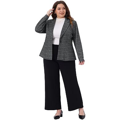 Women's Plus Size Blazers Business Casual Plaid Notched Lapel Long Sleeve Button Jacket with Pockets