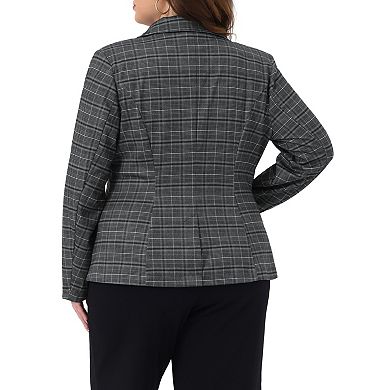 Women's Plus Size Blazers Business Casual Plaid Notched Lapel Long Sleeve Button Jacket with Pockets