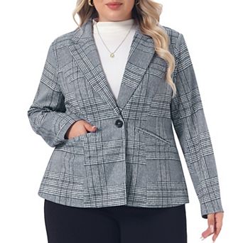 Women's Plus Size Blazers Business Casual Plaid Notched Lapel Long Sleeve Button Jacket with Pockets