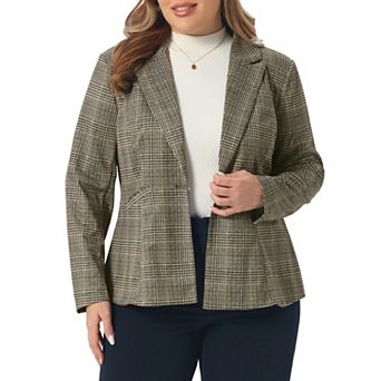 Women's Plus Size Blazers Business Casual Plaid Notched Lapel Long Sleeve Button Jacket with Pockets