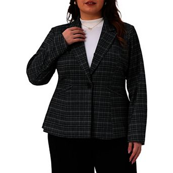Women's Plus Size Blazers Business Casual Plaid Notched Lapel Long Sleeve Button Jacket with Pockets