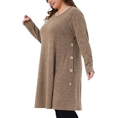 Plus Size Tunic Dresses for Women Buttons Crew Neck Long Sleeve Soft Midi Tshirt Dress with Pockets