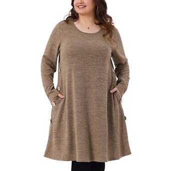 Plus Size Tunic Dresses for Women Buttons Crew Neck Long Sleeve Soft Midi Tshirt Dress with Pockets
