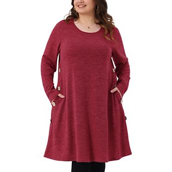 Plus Size Tunic Dresses for Women Buttons Crew Neck Long Sleeve Soft Midi Tshirt Dress with Pockets