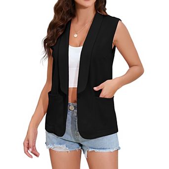 Women Sleeveless Blazer Vest Open Front Cardigan Singal Button Blazer Jacket With Pockets