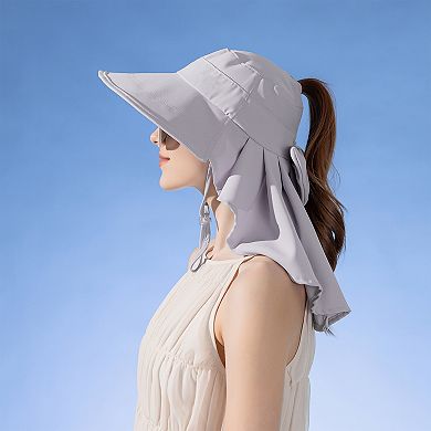 Women's Wide Brim Sun Hat UV Protection Flap Design with Back Bow Detail and Adjustable Chin Strap