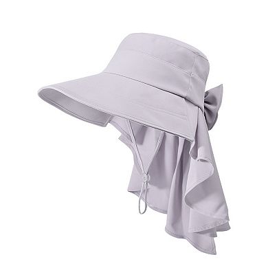 Women's Wide Brim Sun Hat UV Protection Flap Design with Back Bow Detail and Adjustable Chin Strap