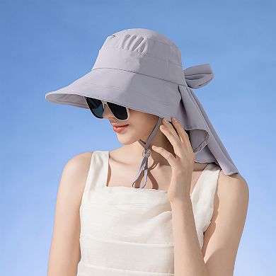 Women's Wide Brim Sun Hat UV Protection Flap Design with Back Bow Detail and Adjustable Chin Strap