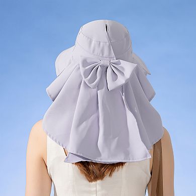 Women's Wide Brim Sun Hat UV Protection Flap Design with Back Bow Detail and Adjustable Chin Strap