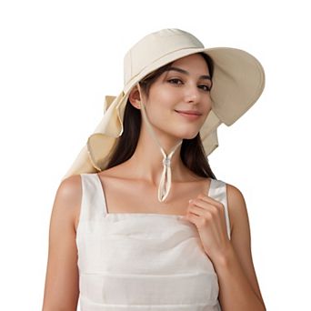 Women's Wide Brim Sun Hat UV Protection Flap Design with Back Bow Detail and Adjustable Chin Strap