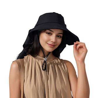 Women's Wide Brim Sun Hat UV Protection Flap Design with Back Bow Detail and Adjustable Chin Strap
