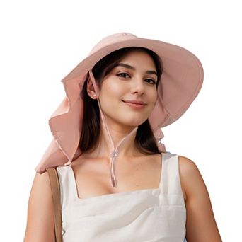 Women's Wide Brim Sun Hat UV Protection Flap Design with Back Bow Detail and Adjustable Chin Strap