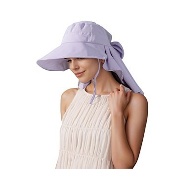 Women's Wide Brim Sun Hat UV Protection Flap Design with Back Bow Detail and Adjustable Chin Strap