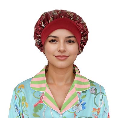 Women's Silk Bonnet for Sleeping Satin Hair Bonnet with Butterfly Print and Adjustable Tie Band