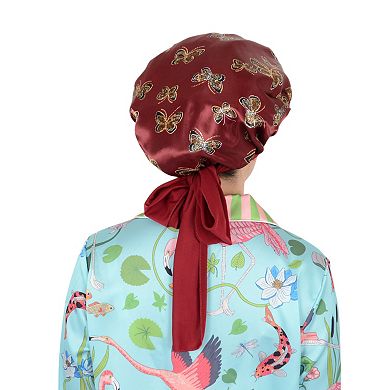 Women's Silk Bonnet for Sleeping Satin Hair Bonnet with Butterfly Print and Adjustable Tie Band