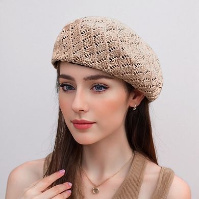 Women's Lightweight Crochet Beret Hat with Open Knit Pattern and Soft Stretch Fit