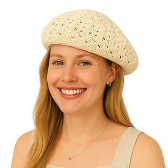Women's Lightweight Crochet Beret Hat with Open Knit Pattern and Soft Stretch Fit