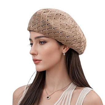 Women's Lightweight Crochet Beret Hat with Open Knit Pattern and Soft Stretch Fit