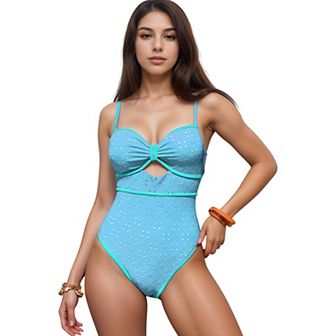 Women's Eyelet Lace One Piece Swimsuit with Keyhole Cutout and Contrast Trim Detail
