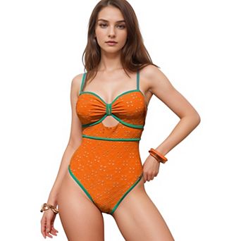 Women's Eyelet Lace One Piece Swimsuit with Keyhole Cutout and Contrast Trim Detail