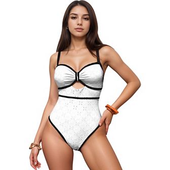 Women's Eyelet Lace One Piece Swimsuit with Keyhole Cutout and Contrast Trim Detail