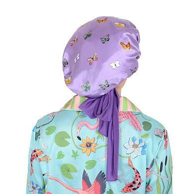 Women's Silk Bonnet for Sleeping Satin Hair Bonnet with Butterfly Print and Adjustable Tie Band