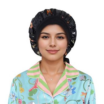Women's Silk Bonnet for Sleeping Satin Hair Bonnet with Butterfly Print and Adjustable Tie Band