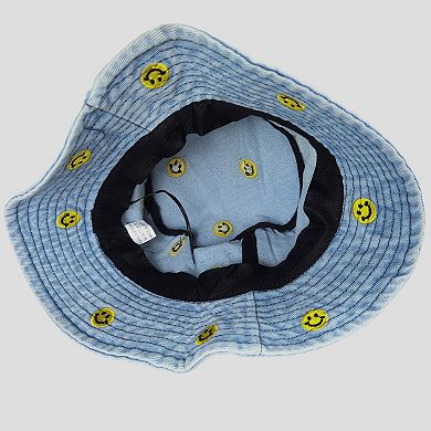 Women's Denim Bucket Hat Foldable with Smiley Face Embroidery