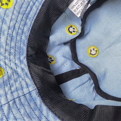 Women's Denim Bucket Hat Foldable with Smiley Face Embroidery