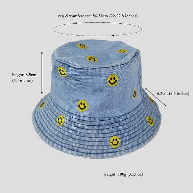 Women's Denim Bucket Hat Foldable with Smiley Face Embroidery
