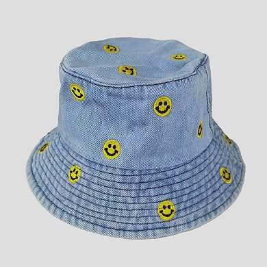 Women's Denim Bucket Hat Foldable with Smiley Face Embroidery