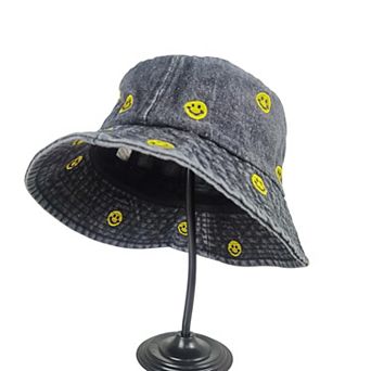 Women's Denim Bucket Hat Foldable with Smiley Face Embroidery