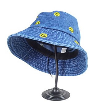 Women's Denim Bucket Hat Foldable with Smiley Face Embroidery