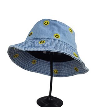 Women's Denim Bucket Hat Foldable with Smiley Face Embroidery