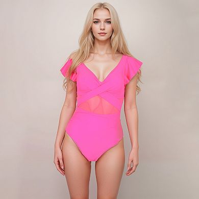 Women's Flutter Sleeve One Piece Swimsuit with Crisscross Mesh Panel Detail and Deep V-Neckline