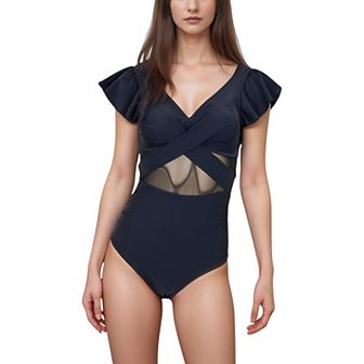 Women's Flutter Sleeve One Piece Swimsuit with Crisscross Mesh Panel Detail and Deep V-Neckline