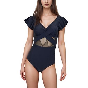 Women's Flutter Sleeve One Piece Swimsuit with Crisscross Mesh Panel Detail and Deep V-Neckline